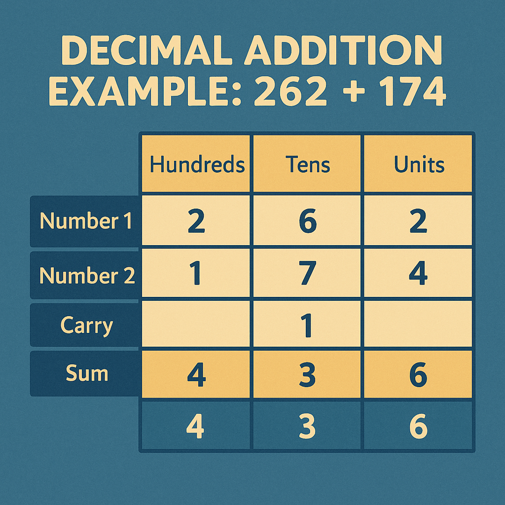 Table showing decimal addition of 262 and 174 with carries and sums